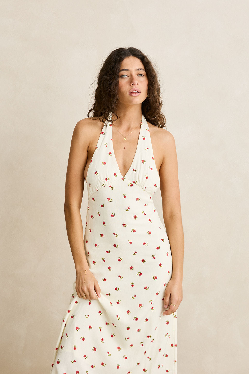 cream halter dress Rhythm | 0426W-DR14-CRE | mila floral halter neck maxi dress | cream | XS