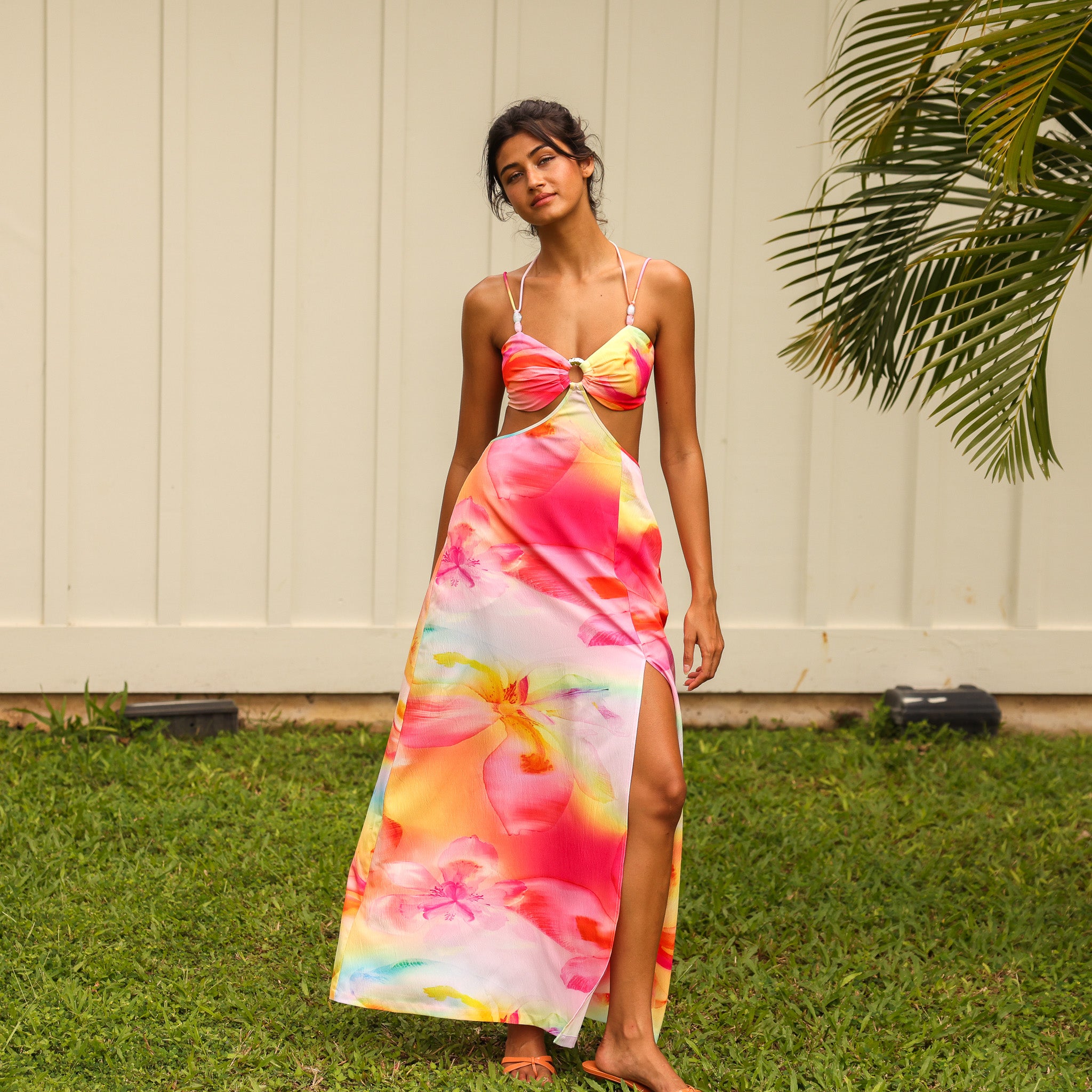 Kulani Kinis Frangipani Swirl Beaded Cut Out Maxi Dress